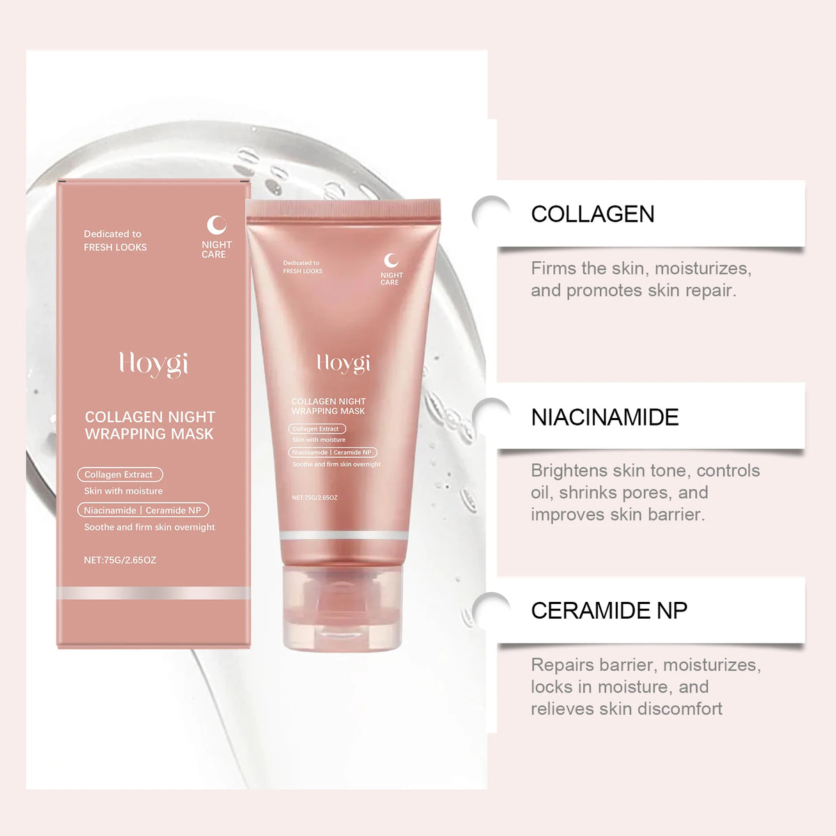A tube of Hovy Collagen Night Wrapping Mask is shown next to its packaging and ingredient benefits.