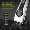 A close-up of a professional rechargeable hair clipper with a rotating blade and speed settings displayed on the body.