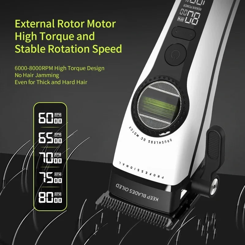 A close-up of a professional rechargeable hair clipper with a rotating blade and speed settings displayed on the body.