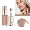 A cosmetic product featuring a liquid bronzer contour foundation stick in a glass tube and a round applicator.
