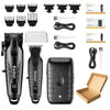A set of professional electric hair and beard trimmers, including various attachments and the main trimmer unit.