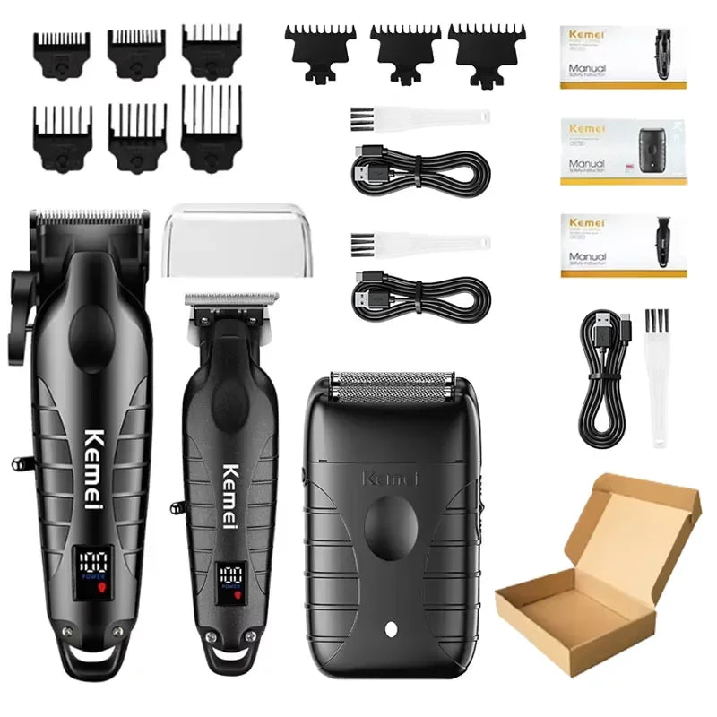 A set of professional electric hair and beard trimmers, including various attachments and the main trimmer unit.