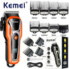 Orange and black Kemei 80 power cordless hair trimmer with various attachments shown.