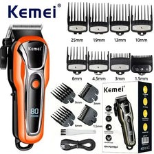 Orange and black Kemei 80 power cordless hair trimmer with various attachments shown.