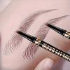 A close-up of an eyebrow pencil applying fine, multi-colored strokes to a model's eyebrow.