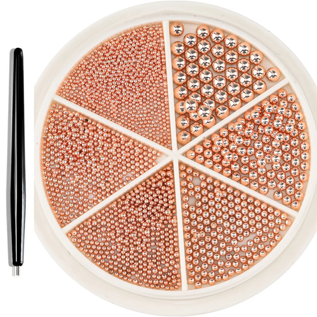A circular display of gold mixed stainless steel bead nail art decorations arranged in radial sections.