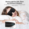 A woman is sleeping with a black silicone sleep mask placed over her eyes, demonstrating the product for blocking light.