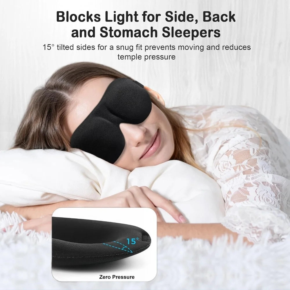 A woman is sleeping with a black silicone sleep mask placed over her eyes, demonstrating the product for blocking light.