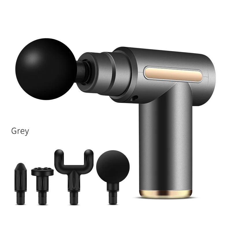 A professional muscle massage gun in grey with a black head and various attachments shown.