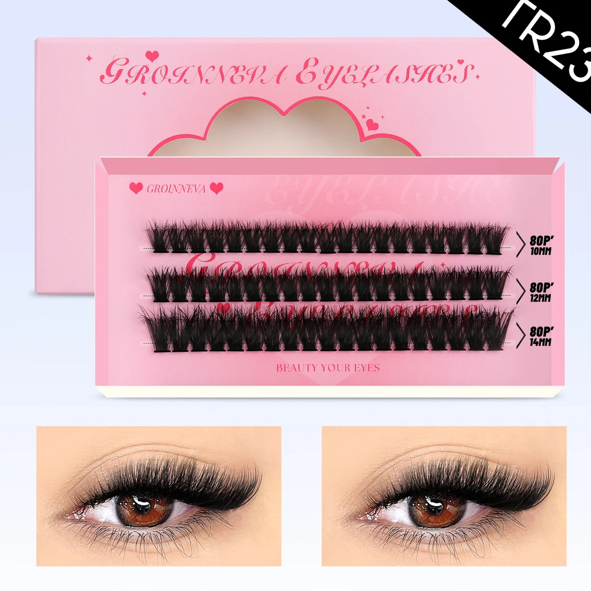 Pink cosmetic box and lash clusters for beauty, featuring black spiky lashes.