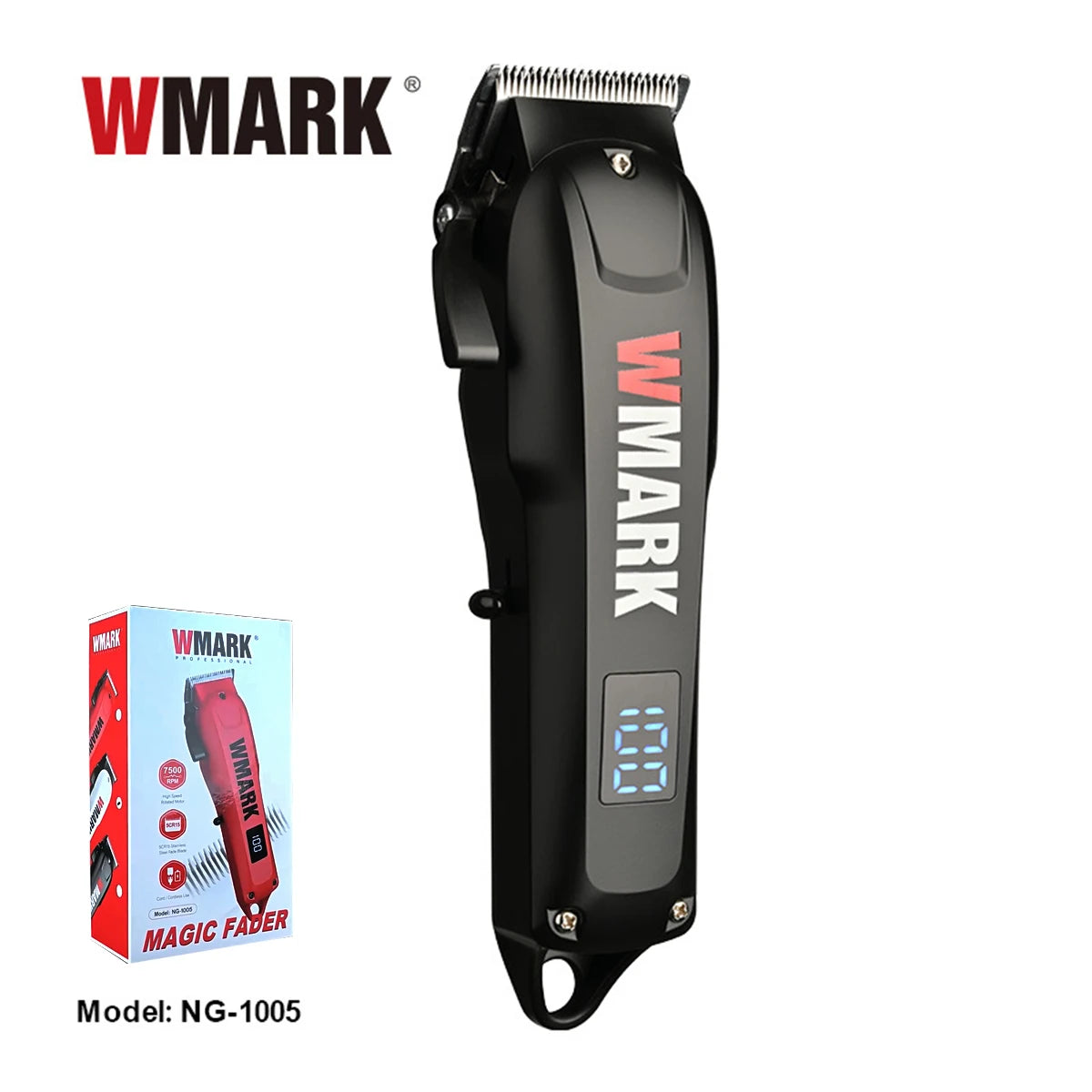 Black WMARK cordless electric hair clipper with a metal guard and battery indicator light.