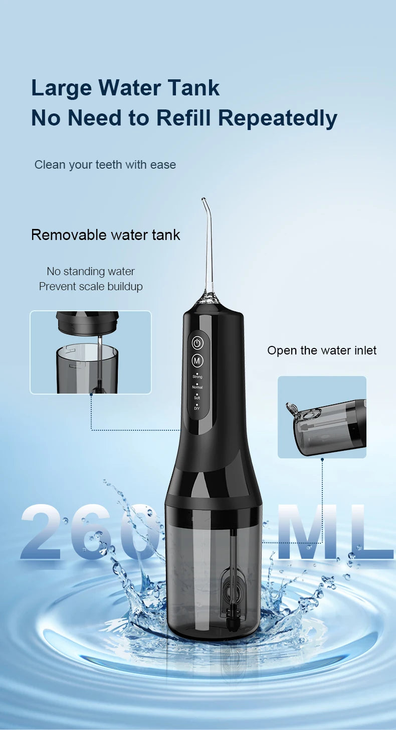 A black portable electric dental floss and oral irrigator with a removable water tank shown in use.