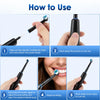 Instructions for using a black 3D rotating electric toothbrush with 5 modes, showing steps to turn it on and off.