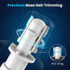 Close-up of a white facial hair trimmer with a precision nose hair trimming feature demonstrating smooth operation.