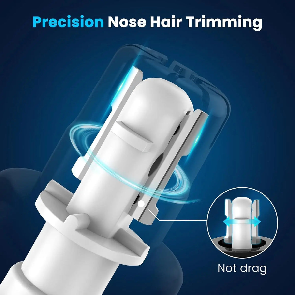 Close-up of a white facial hair trimmer with a precision nose hair trimming feature demonstrating smooth operation.