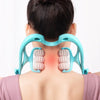 A manual deep tissue neck and body massager device is shown on the back of a person's neck, highlighting the massage pads.