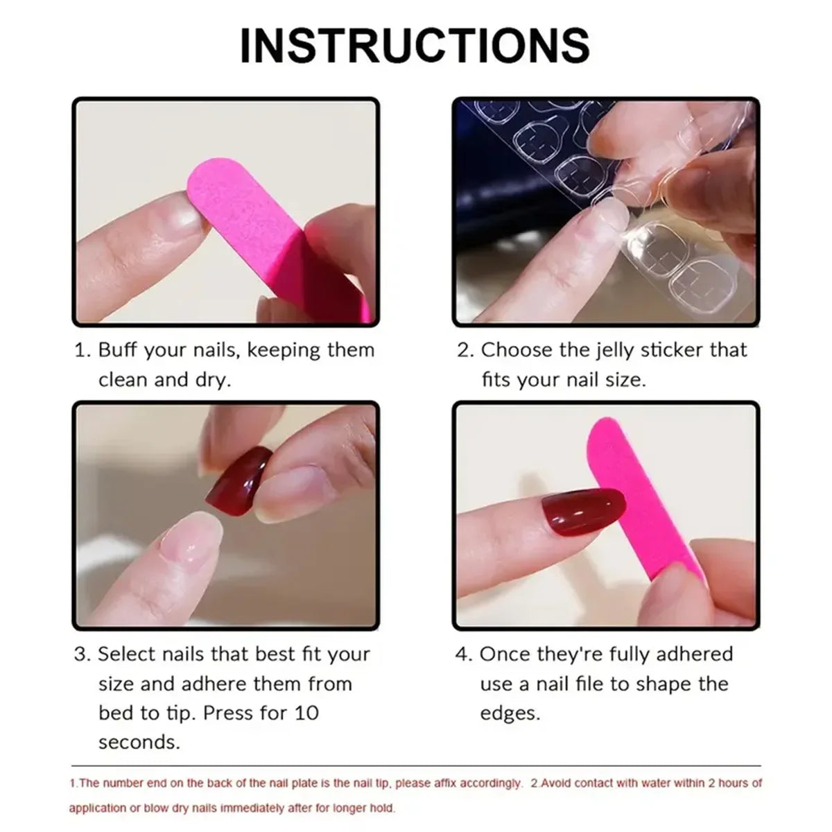 Instructions for applying a press-on acrylic flower nail set showing steps for buffing, choosing stickers, adhering nails, an