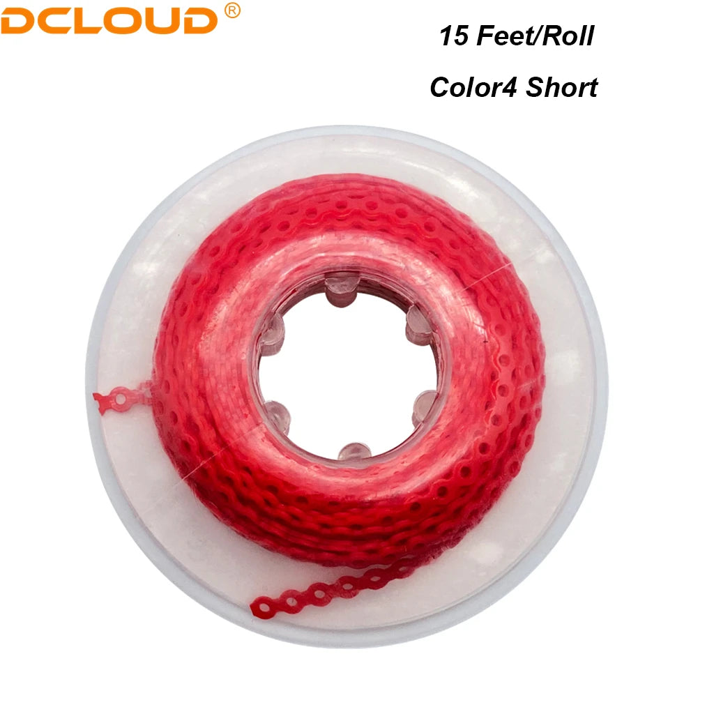 A roll of red dental orthodontic elastic chains, labeled as 15 Feet/Roll Color4 Short.