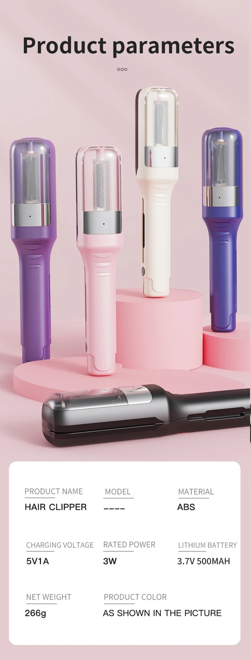 A collection of various hair clippers and trimmers in purple, pink, and white displayed on a light background.