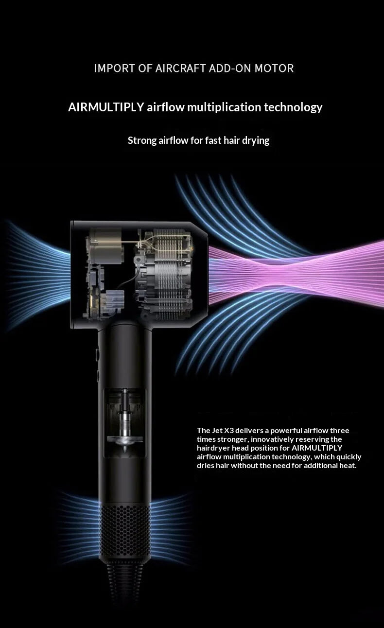 A black bladeless hair dryer is shown with airflow lines illustrating the air multiplication technology.
