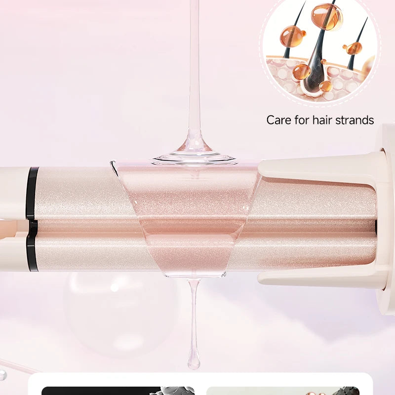 A close-up of a pink hair curler device with a ceramic barrel and a glass applicator, demonstrating care for hair strands.
