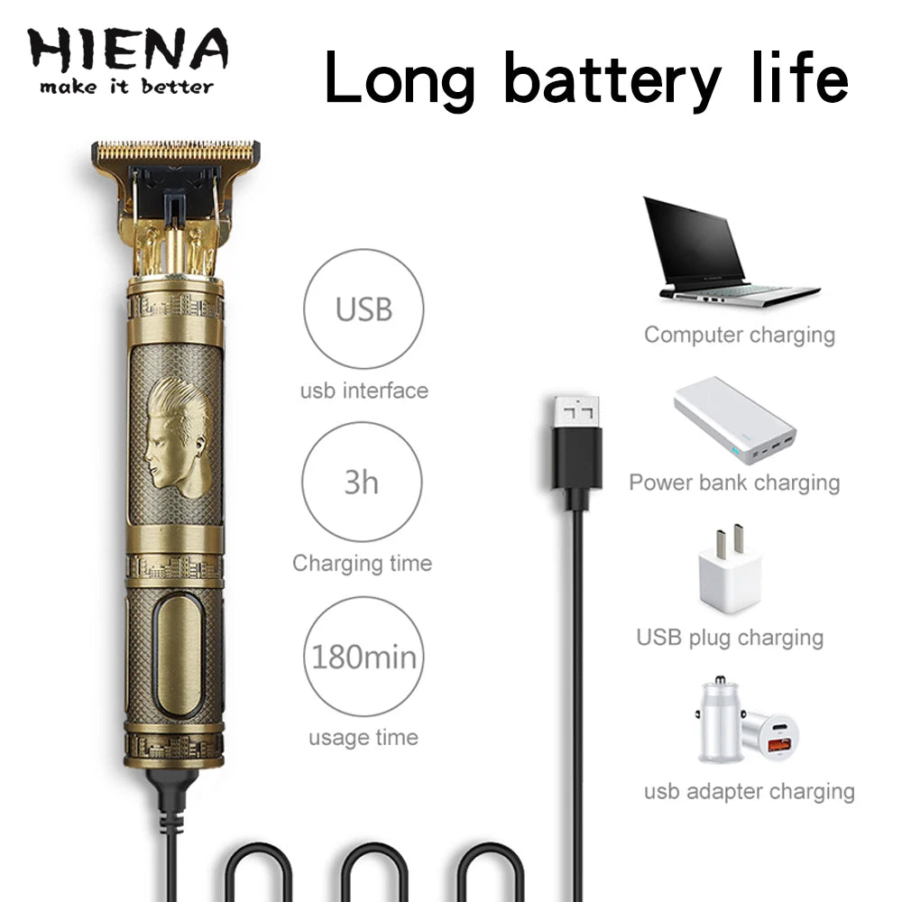 A gold-colored electric hair clipper with various charging options shown.