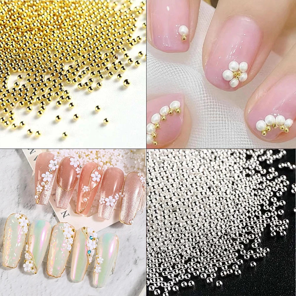 Close-up of gold and silver mixed stainless steel bead nail art decorations for manicures