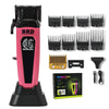 A pink brushless clipper kit showing various comb attachments and the main body of a professional rotary hair trimmer.
