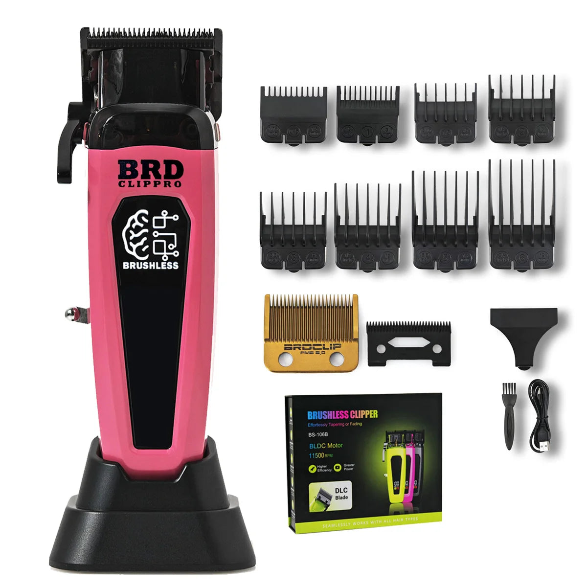 A pink brushless clipper kit showing various comb attachments and the main body of a professional rotary hair trimmer.