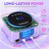 Lámpara portátil de uñas UV/LED con batería y puerto de carga sobre fondo morado.