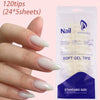 A hand displays soft gel tips for nails, packaged as 120 tips in 24 five sheets.