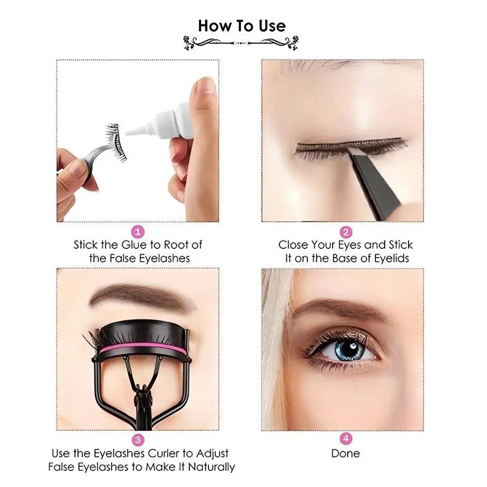 Instructions showing how to use a professional eyelash curler with replacement pads for false eyelashes.