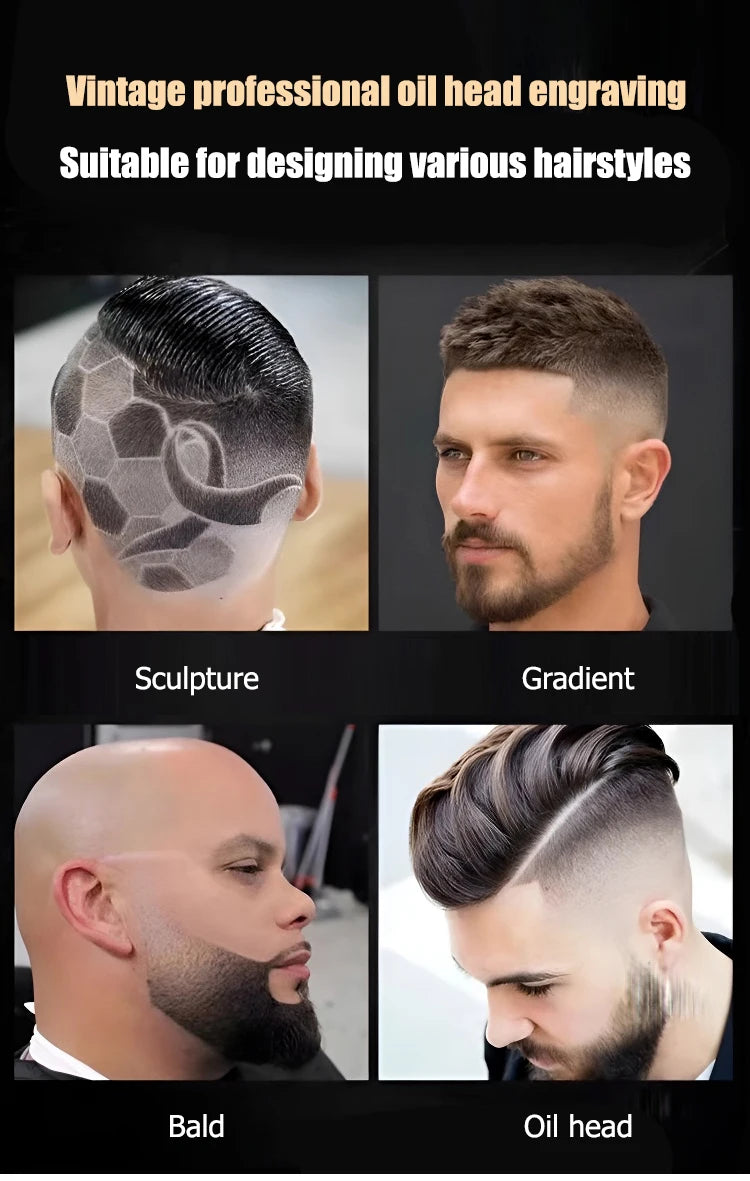 Demonstration of vintage professional oil head engraving techniques on various hairstyles including sculpture, gradient, bald