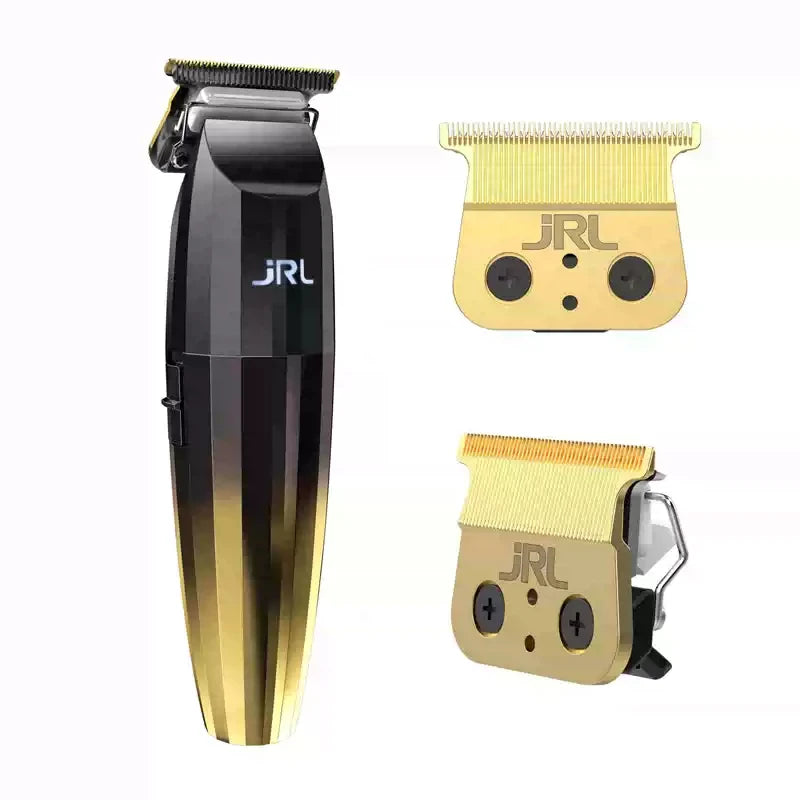 A black precision electric hair trimmer and grooming kit with gold accents shown in various forms.