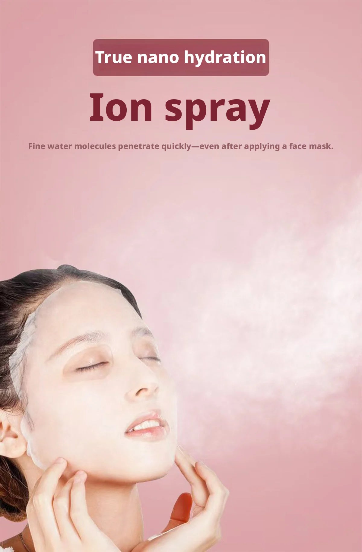 A woman is applying an ion spray facial mist to her face, with a cloud of mist visible.