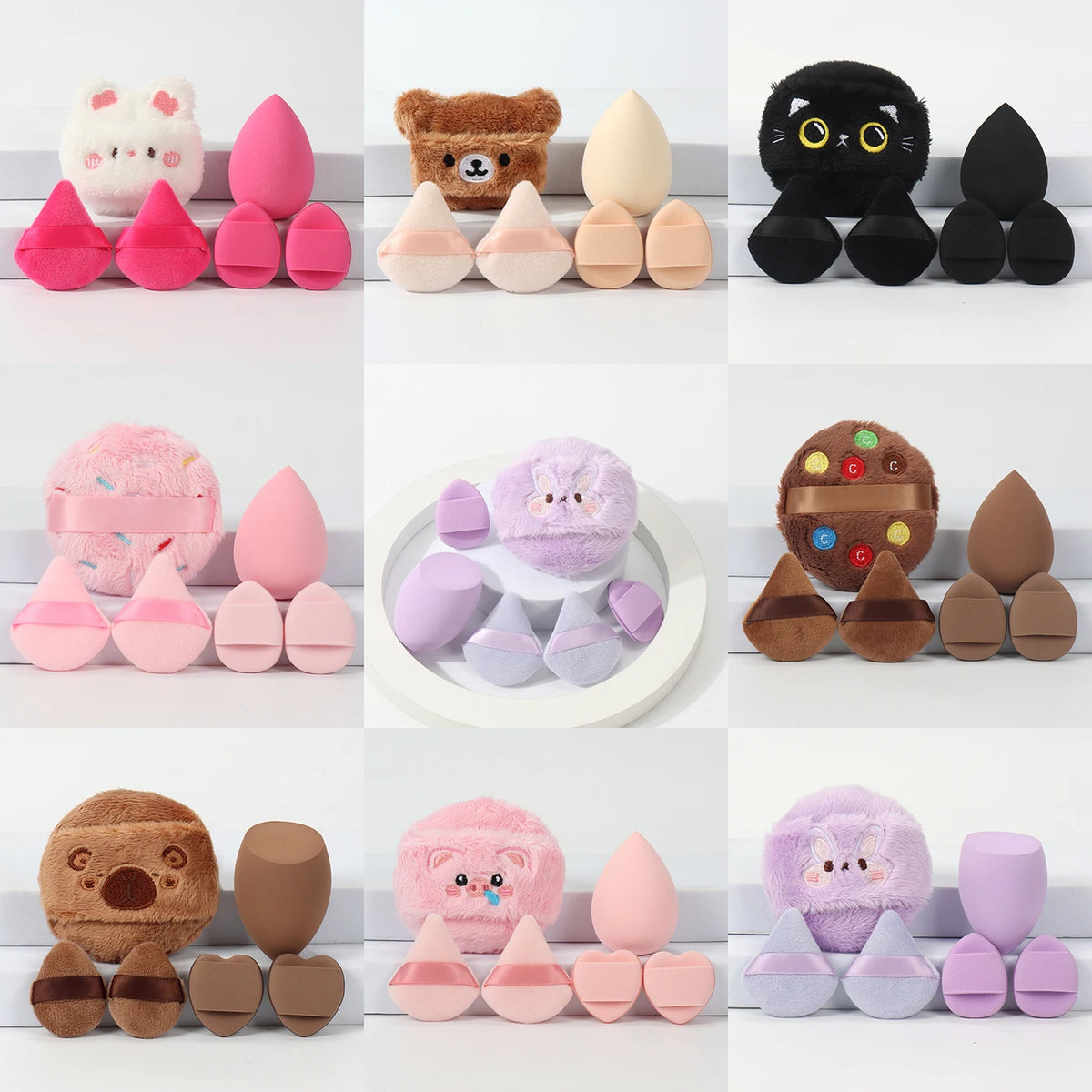 Collection de poudres en forme de souffles brodés roses, beige et noirs de différentes formes et tailles.