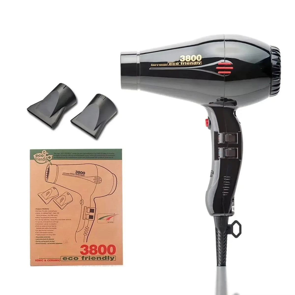 A black professional ceramic hair dryer with a long wand and a handheld grip is shown.