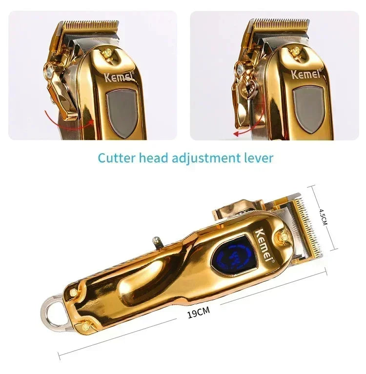 A gold-colored professional electric hair clipper with a cutter head adjustment lever and a 19cm body.