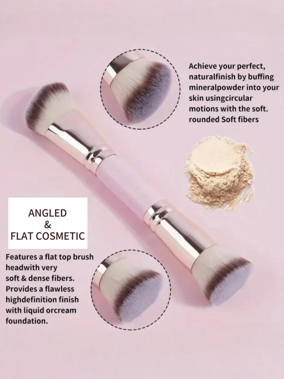 A silver and pink precision double-ended makeup foundation brush set with soft fibers and a loose powder.