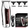A professional electric hair clipper with a silver body and black accents, showing various blade sizes.