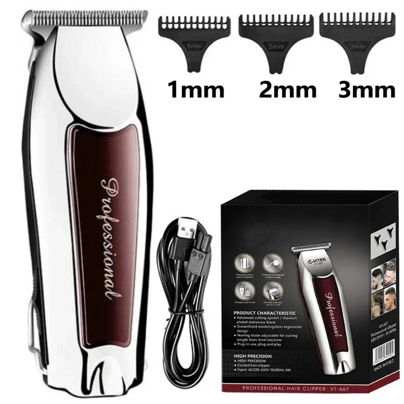A professional electric hair clipper with a silver body and black accents, showing various blade sizes.