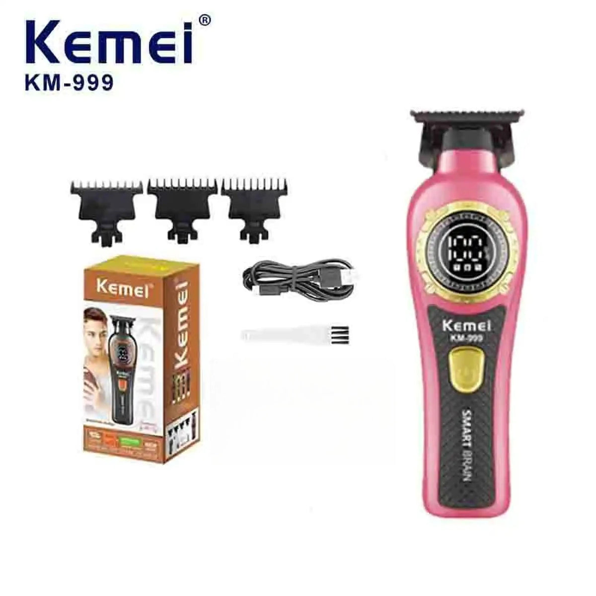 A pink Kemel KM-999 cordless electric hair clipper with a black battery and charging cable.