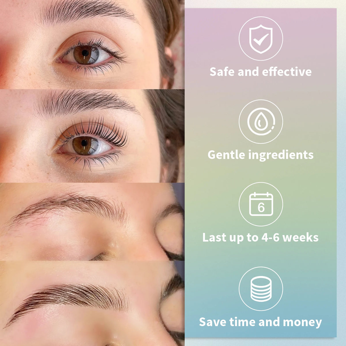 Gros plan sur l'œil d'une femme avec des cils et sourcils relevés après utilisation d'un kit professionnel de lifting de cils