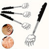 A set of three stainless steel telescopic back scratchers with black handles shown in various angles.