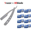 A professional stainless steel straight shaving razor with 80 blades shown alongside the product.