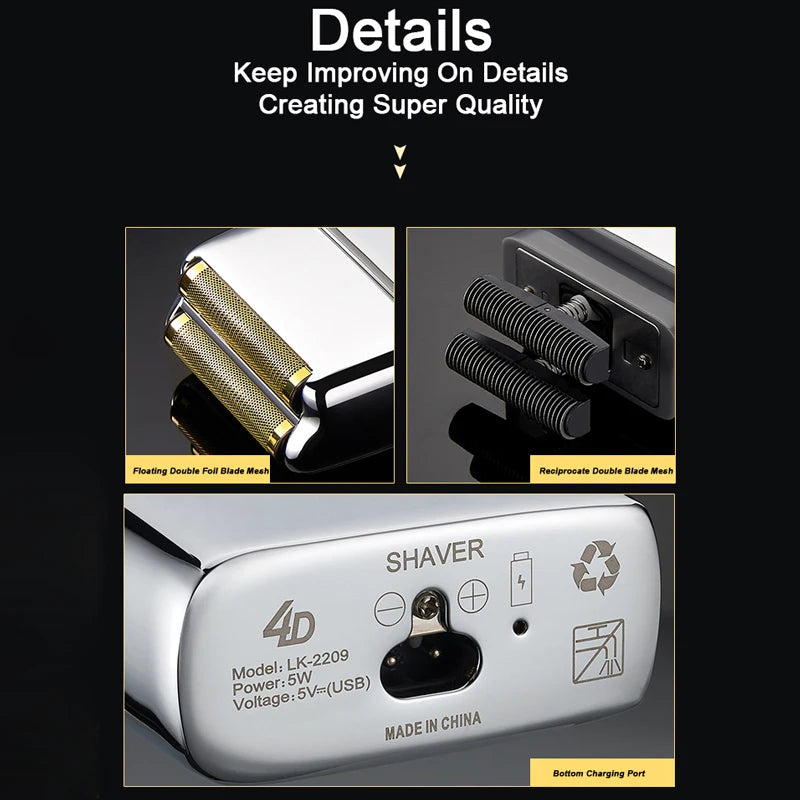 A silver electric shaver with a detachable blade mesh and charging port is shown alongside close-ups of its details.
