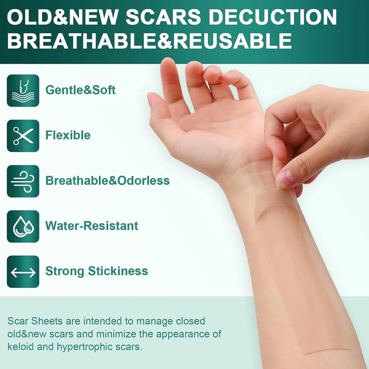 A hand is applying a clear silicone scar sheet to a person's arm for wound management.