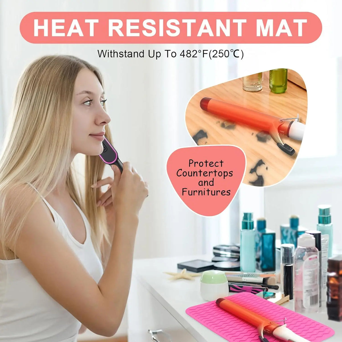 A woman is holding a silicone heat resistant mat used to protect countertops and furniture from hot hair styling tools.