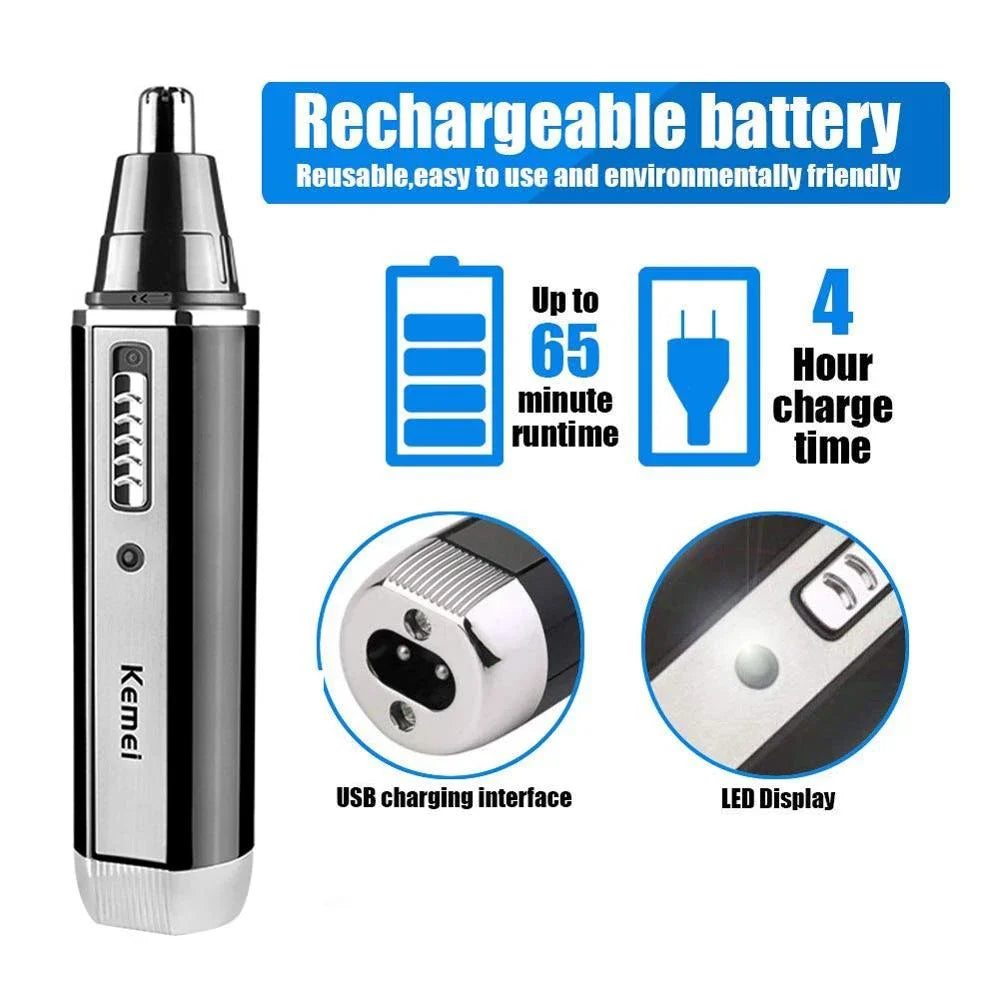 Silberne wiederaufladbare Batterie und Trimmer-Set mit LED-Anzeige und USB-Ladeanschluss.
