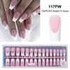A set of 150 pieces of pink false fingernails in various sizes and finishes displayed alongside a hand model.
